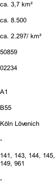 ca. 3,7 km²  ca. 8.500  ca. 2.297/ km²  50859  02234   A1  B55  Köln Lövenich  -  141, 143, 144, 145, 149, 961  -