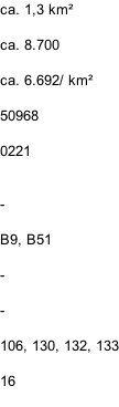 ca. 1,3 km²  ca. 8.700  ca. 6.692/ km²  50968  0221   -  B9, B51  -  -  106, 130, 132, 133  16