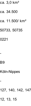 ca. 3,0 km²  ca. 34.500  ca. 11.500/ km²  50733, 50735  0221   -  B9  Köln-Nippes  -  127, 140, 142, 147  12, 13, 15