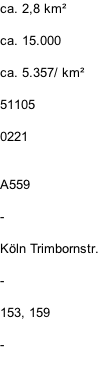 ca. 2,8 km²  ca. 15.000  ca. 5.357/ km²  51105  0221   A559  -  Köln Trimbornstr.  -  153, 159  -