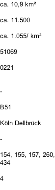ca. 10,9 km²  ca. 11.500  ca. 1.055/ km²  51069  0221   -  B51  Köln Dellbrück  -  154, 155, 157, 260, 434  4