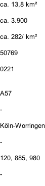 ca. 13,8 km²  ca. 3.900  ca. 282/ km²  50769  0221   A57  -  Köln-Worringen  -  120, 885, 980  -
