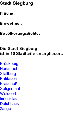 Stadt Siegburg  Fläche:  Einwohner:  Bevölkerungsdichte:   Die Stadt Siegburg ist in 10 Stadtteile untergliedert:  Brückberg Nordstadt Stallberg Kaldauen Braschoß Seligenthal Wolsdorf Innenstadt Deichhaus Zange